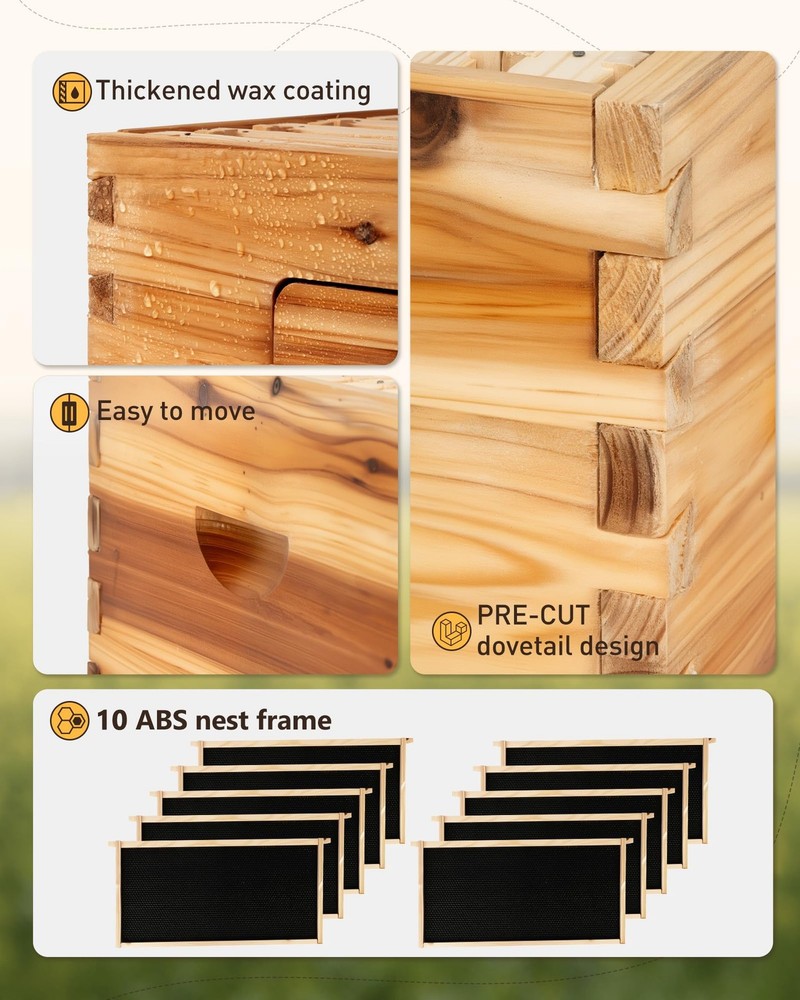 Bee Hive 10 Frame Deep Bee Box with Frames and Foundation, Beeswax Coated Lan...