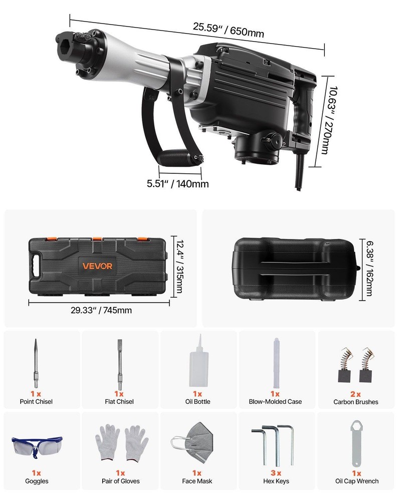 2800W 1200BPM Electro-Hydraulic Hammer, Tools, Carry Case, Gloves