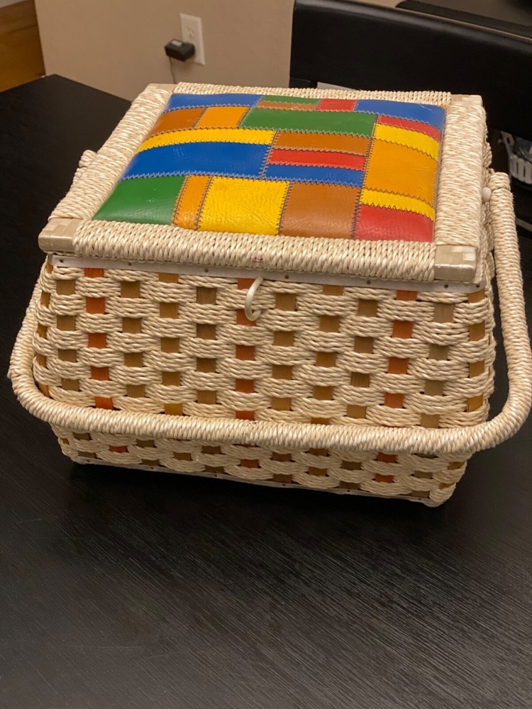 Vintage Wicker Sewing Craft Basket Made in Japan Patchwork Top 13”X 11”
