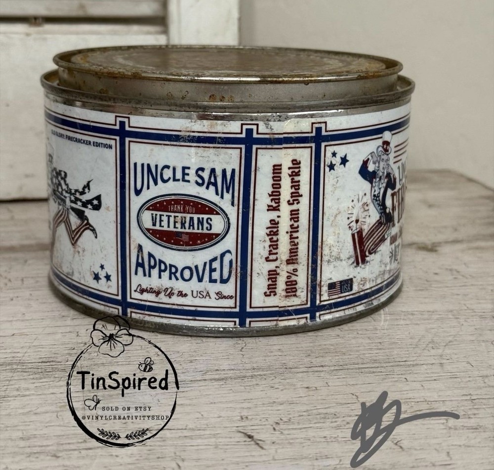 Uncle Sam’s Fireworks Firecracker Advertising Tin Can ~ 4th of July
