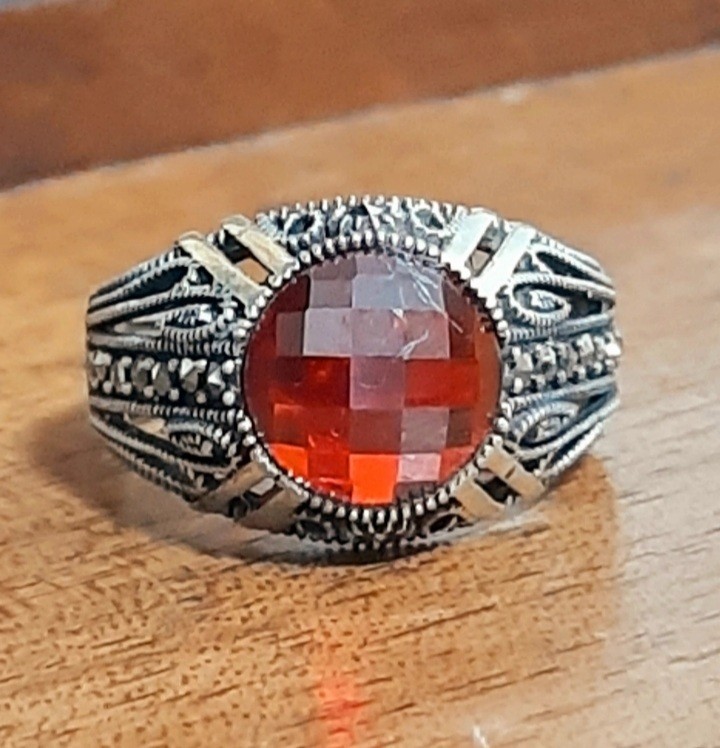 MENS 925 SILVER RING Red Tourmaline Solitaire Ruby Sterling Ring $