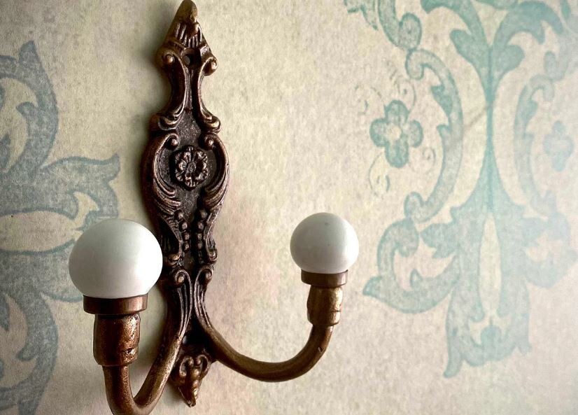 Old Bath Robe Coat Hook Hall Mirror Fancy Decorated Solid Brass Porcelain Knobs