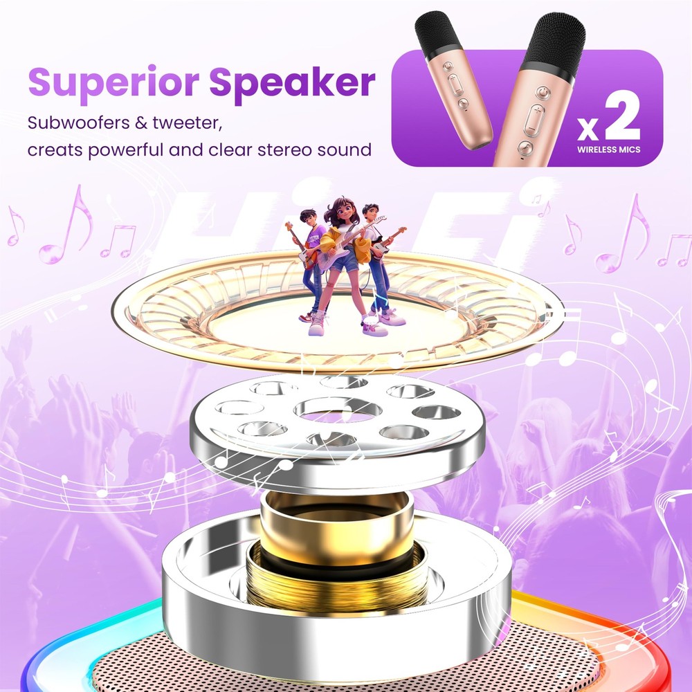 Mini Karaoke Machine Kids Adults Bluetooth Speaker 2 Wireless Mics Rose