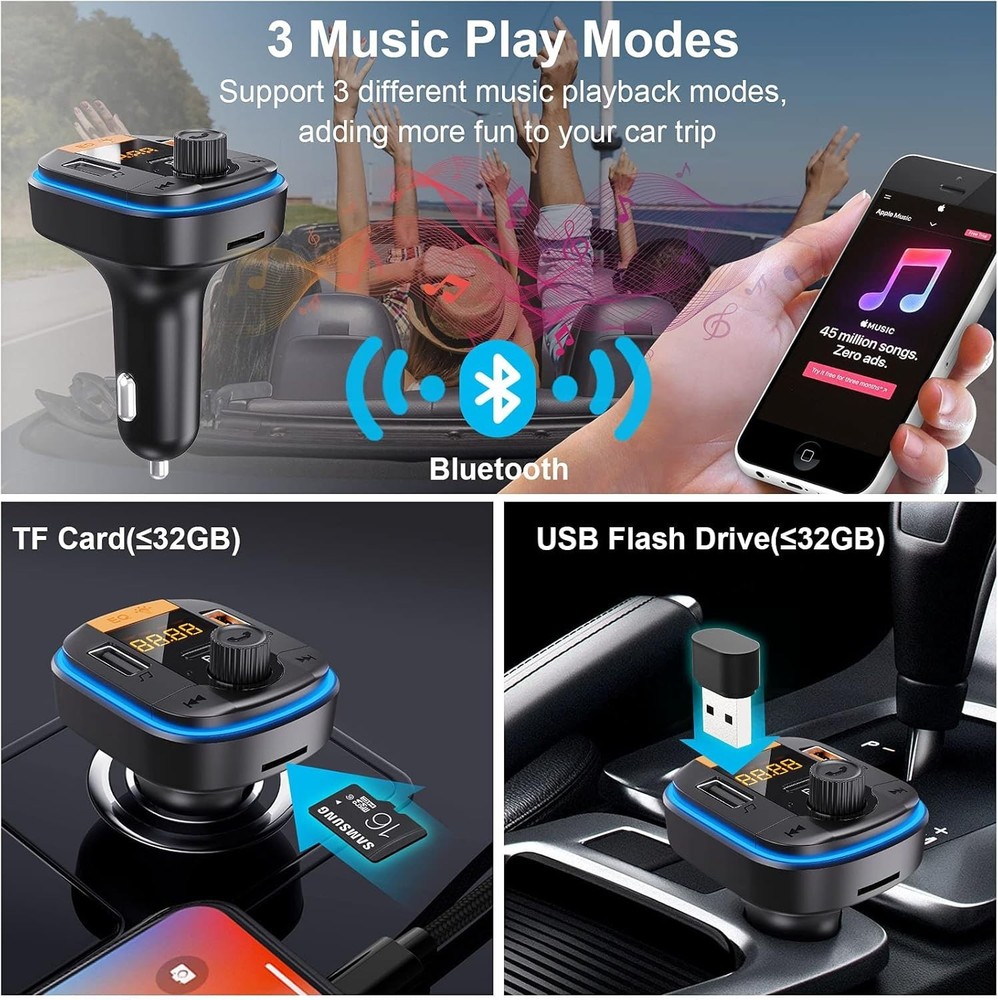 Car Bluetooth FM Transmitter with LED Backlight - Fast Charging & Music Play