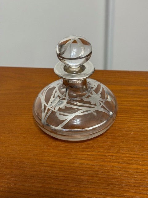 Antique Sterling Silver Overlay Perfume Bottle 3" tall