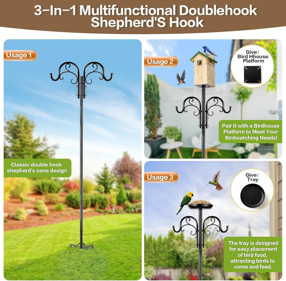 Double Shepherds Hooks for Outdoor Heavy Duty, Adjustable Shepherds Hook, 1 P...