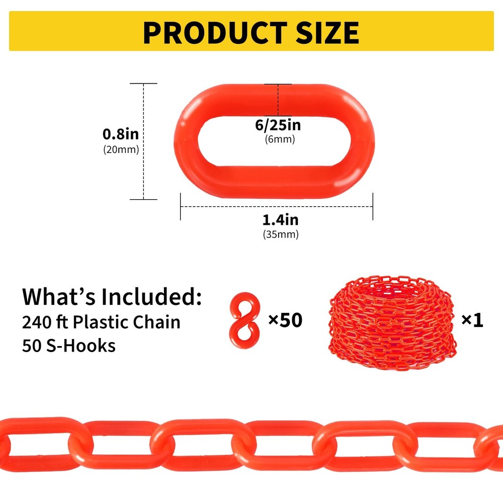 Plastic Chain Links 120FT Heavy Duty Barrier Chain Rustproof w/ 25 Hooks Set