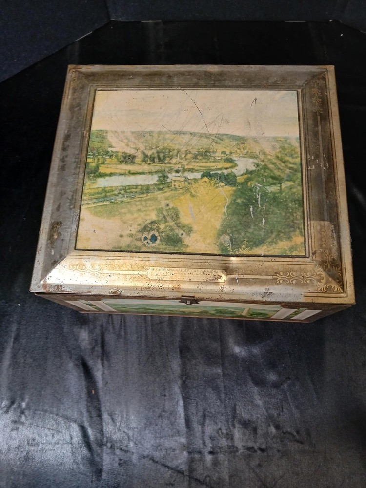 Vintage Scenic Tin Storage Box with Lock