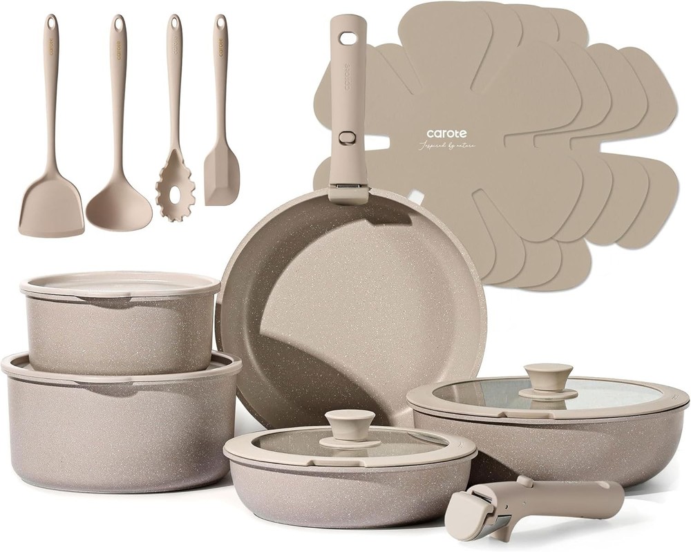 CAROTE 19-Piece Cookware Set Non-Stick Cookware Set Gray-Brown