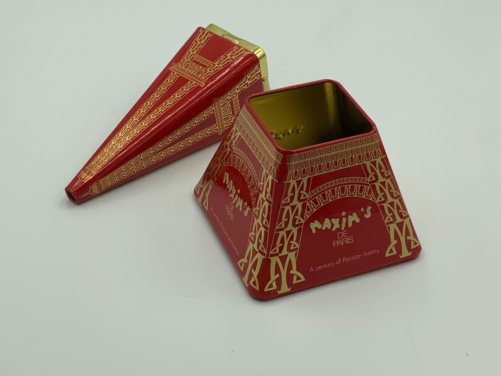 MAXIM’S DE PARIS Eiffel Tower Metal Tin Storage Red Container used EMPTY
