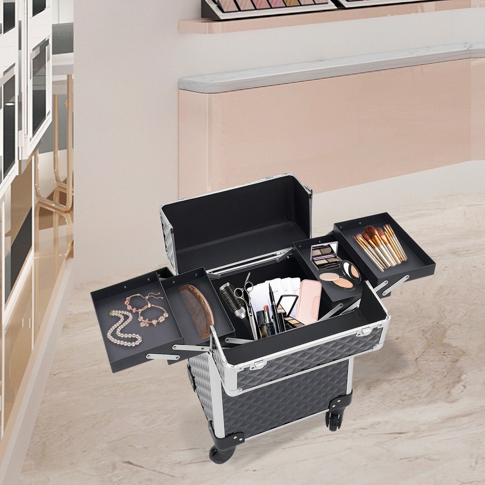 Professional Rolling Makeup Case with Aluminum Frame and Large Capacity