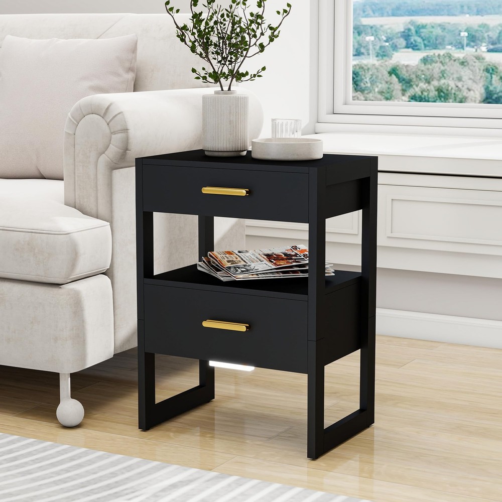 Wooden Nightstand Night Stand with Motion Sensor Light & Storage Drawer, Mode...
