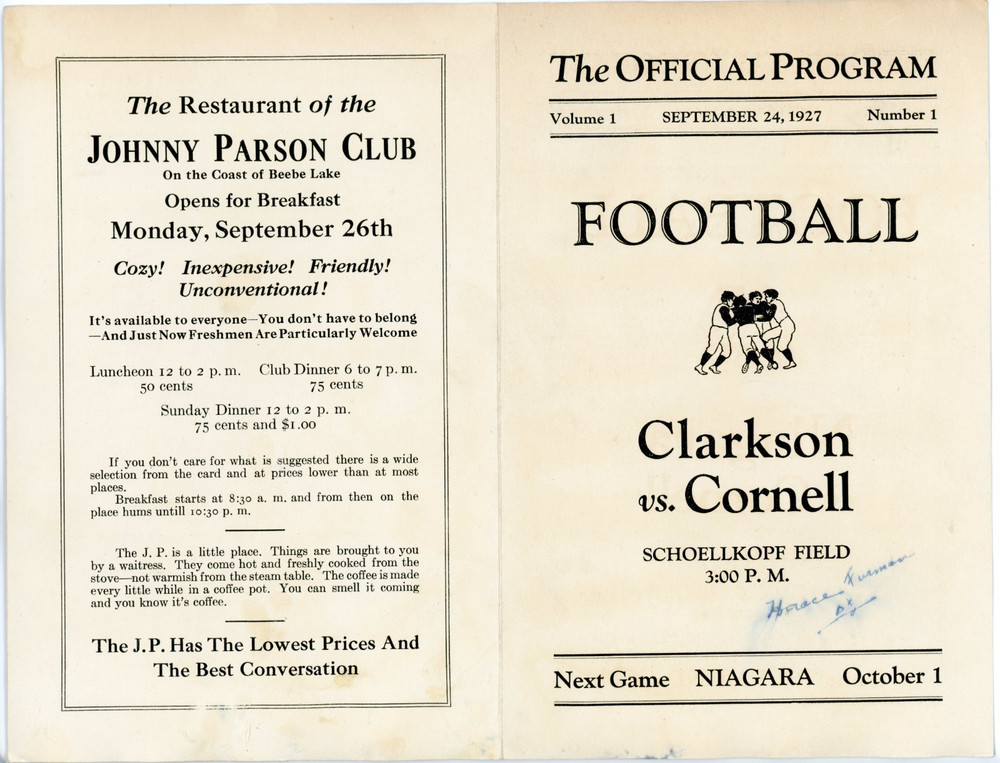 1927 Clarkson vs Cornell Official Football Program #8D
