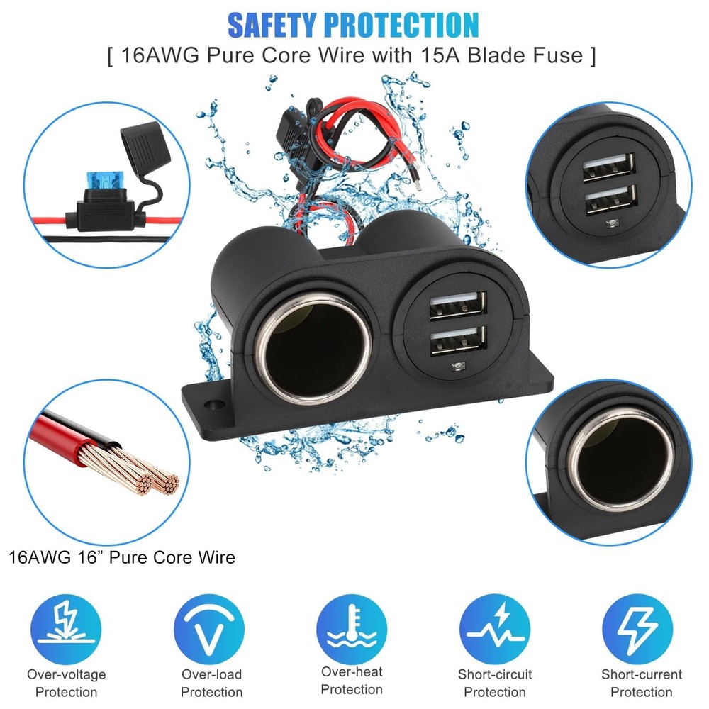 1PCS Dual USB Outlet Cigarette Lighter Socket Splitter with Blade Fuse,