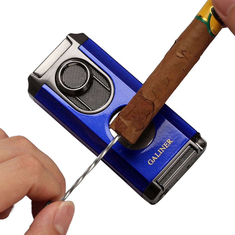 Blue Portable Jet Torch Cigar Lighter Sharp Guillotine Cutter Holder Punch Box