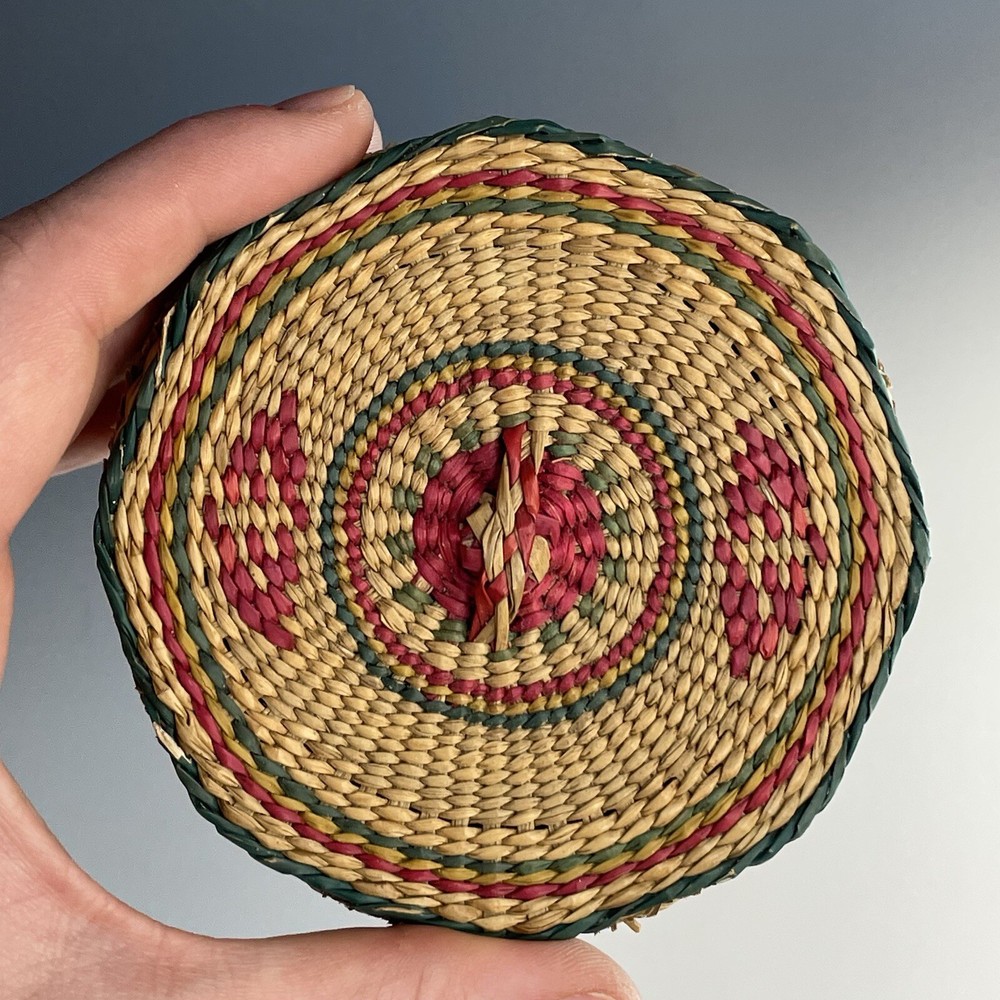 Small Vintage Polychrome Sweetgrass Octagonal Basket Woven Box