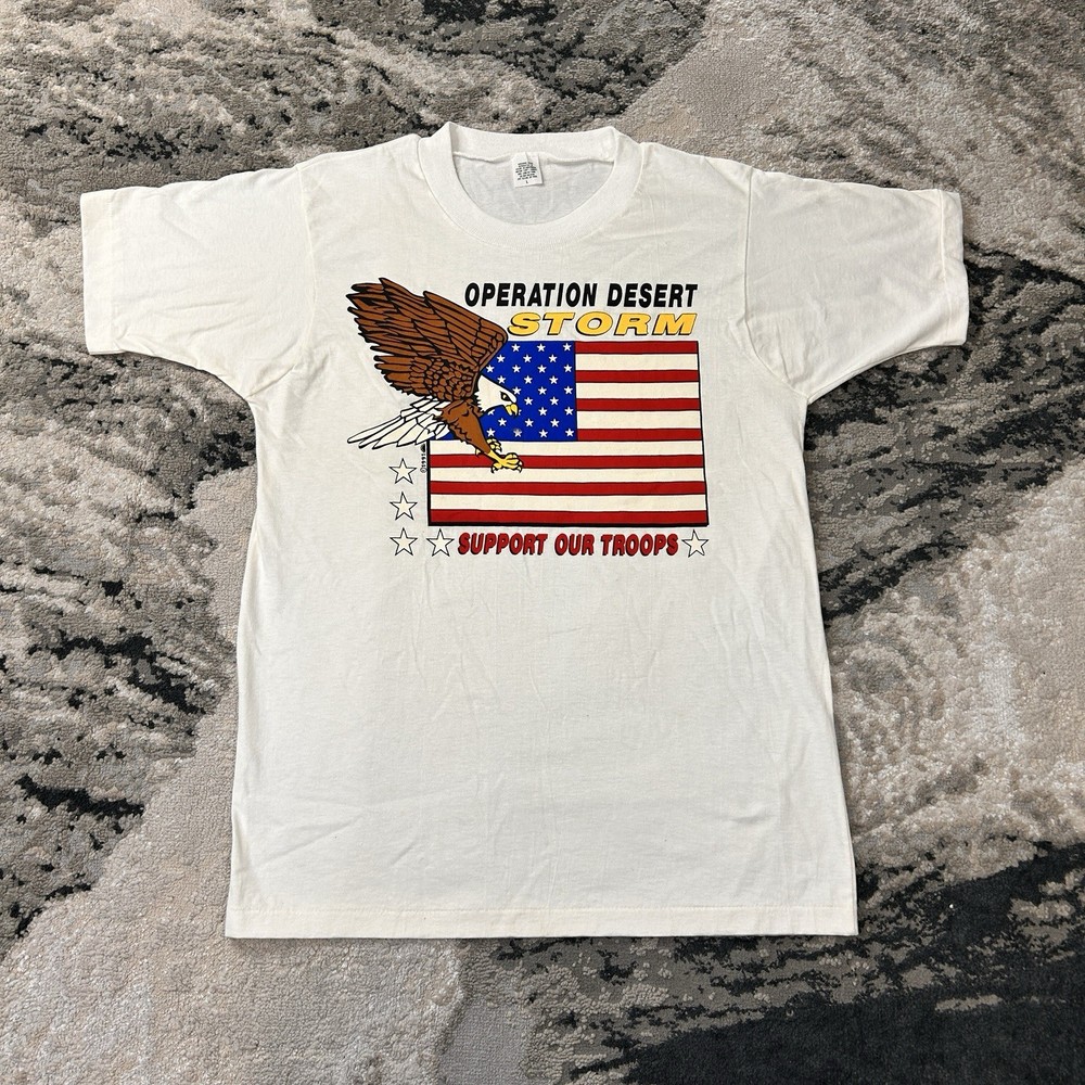 Vintage 1991 Operation Desert Storm Support Our Troops Eagle Flag Single Sz L