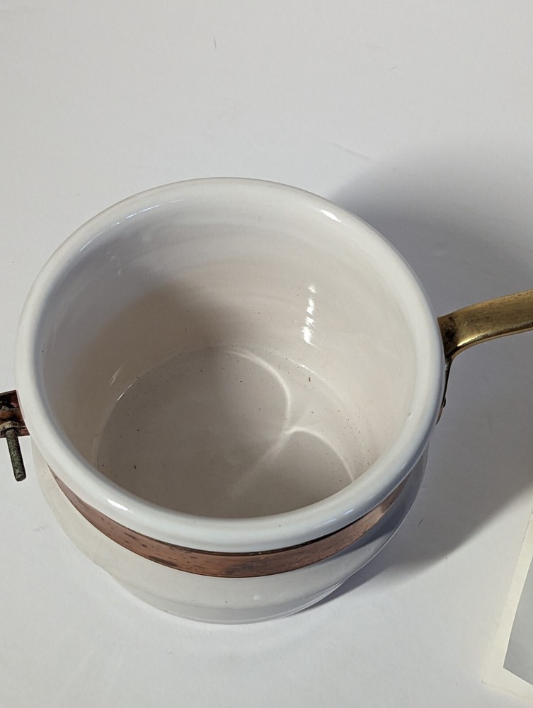 Vintage White Ceramic Pot With Copper Band And Brass Handle