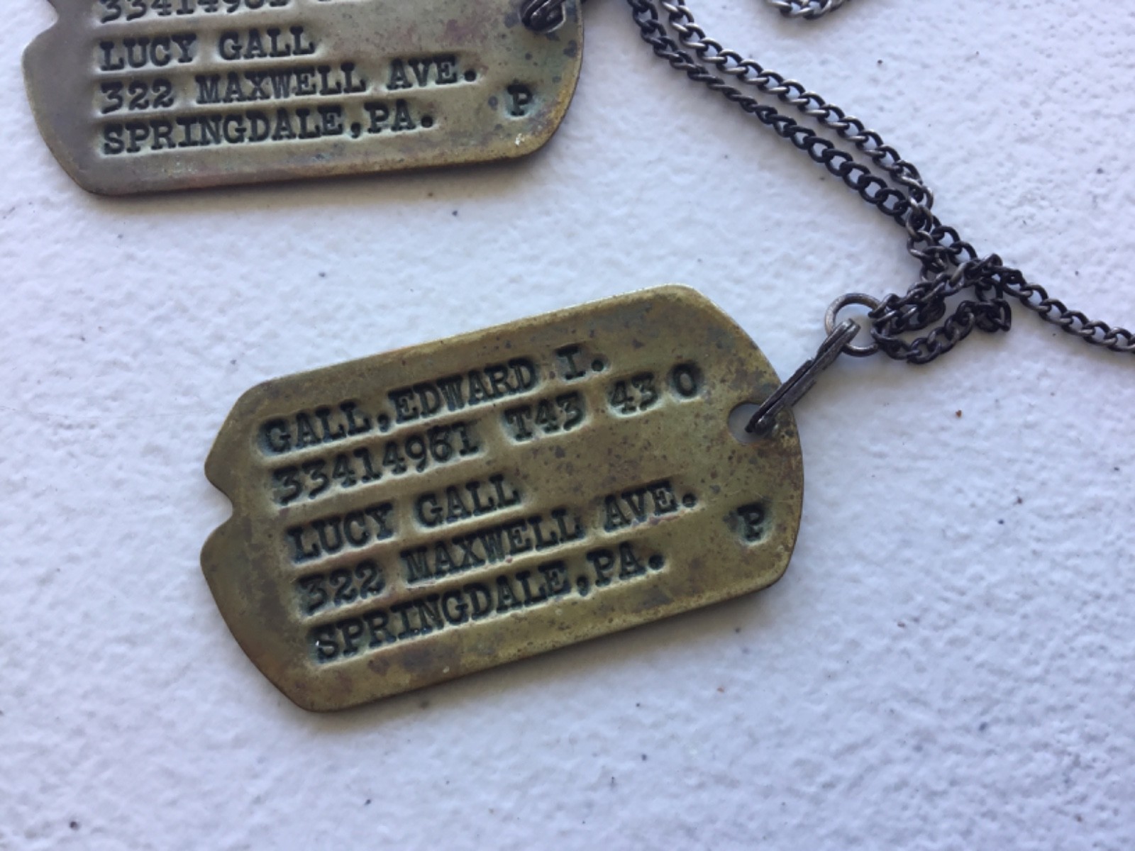 WWII Brass Notched Dog Tags On Sterling J-Hook Chain T-43 P