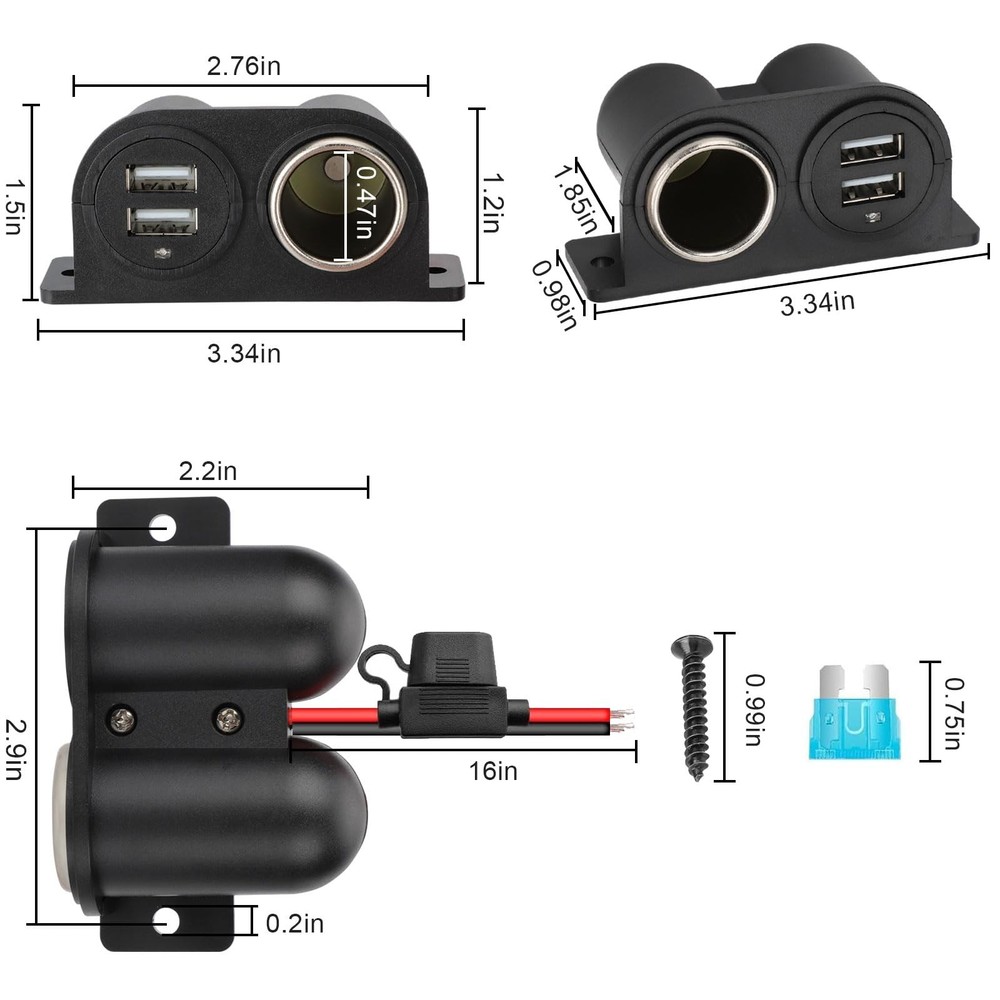 1PCS Dual USB Outlet Cigarette Lighter Socket Splitter with Blade Fuse,