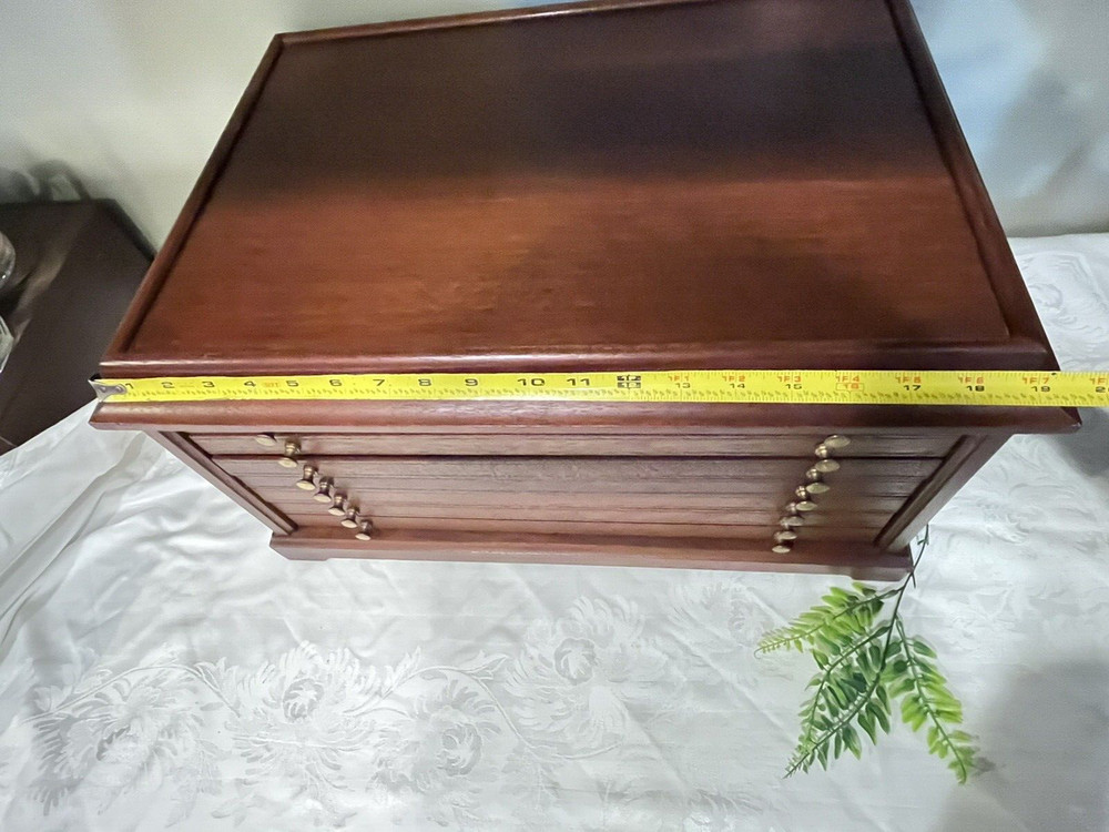 Mahogany Solid Wood Tabletop Chest 6 Drawers Velvet Green Lined Brass Knobs