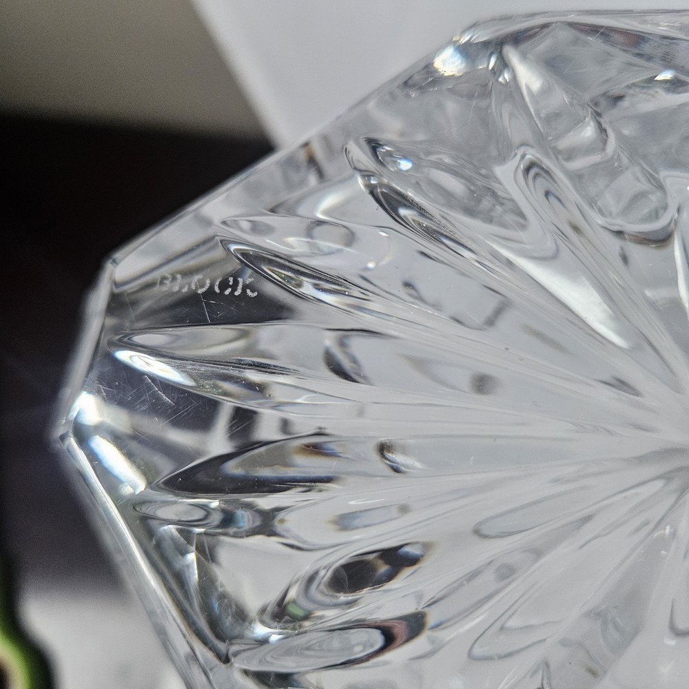Vintage Block Cut Crystal Triangular Decanter & Stopper Olympic Pattern Heavy