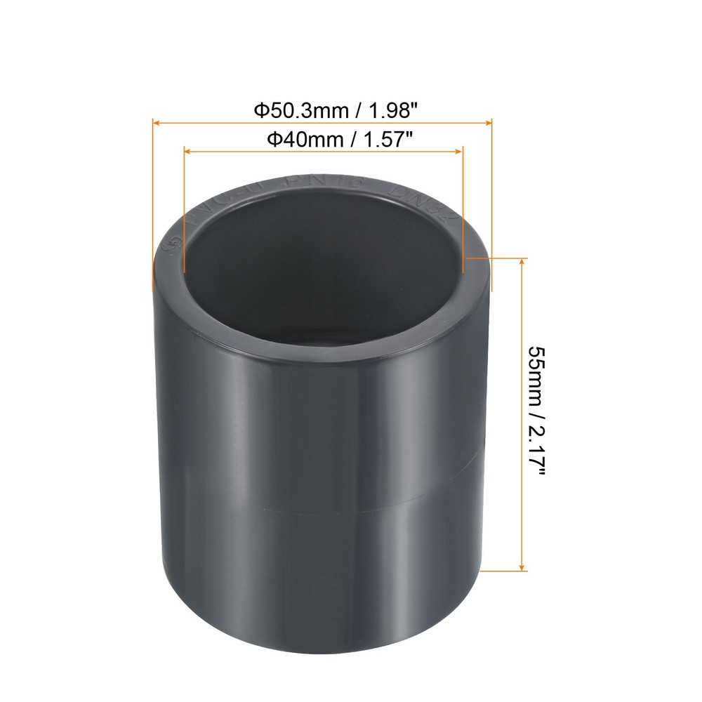UPVC Pipe Fitting 40mm Socket, 3 Pack Straight Coupling, Dark Grey