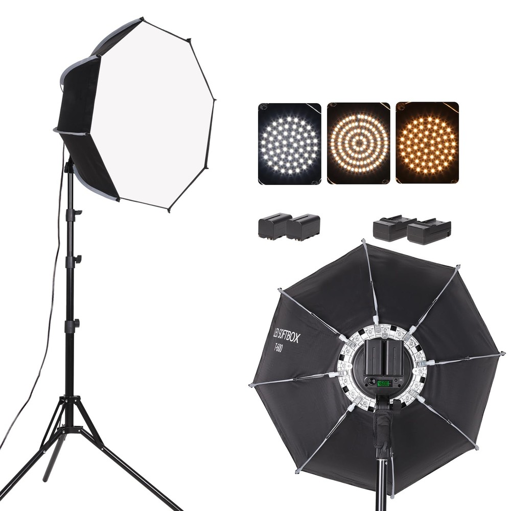 Octagonal Softbox LED Photography Light Kit with Rechargeable Battery for Con...