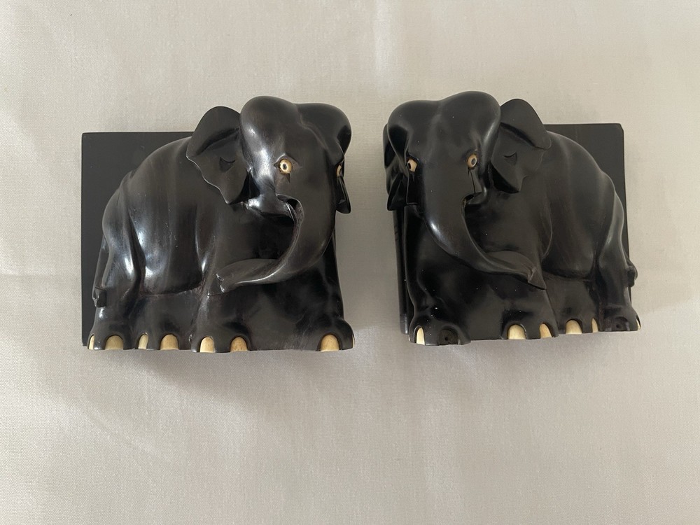 Elephant Bookends - Ebony Carved - Antique