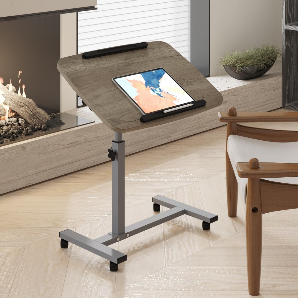 LINGMI Laptop Table Mobile Adjustable Height Portable Desk Notebook Oak Grey