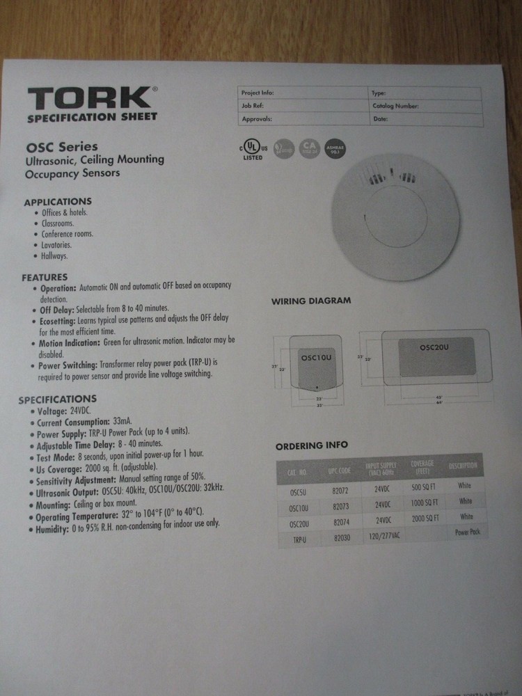 Tork Nsi OSC20U Ceiling Mount Ultrasonic Occupancy Sensor 2000 foot coverage