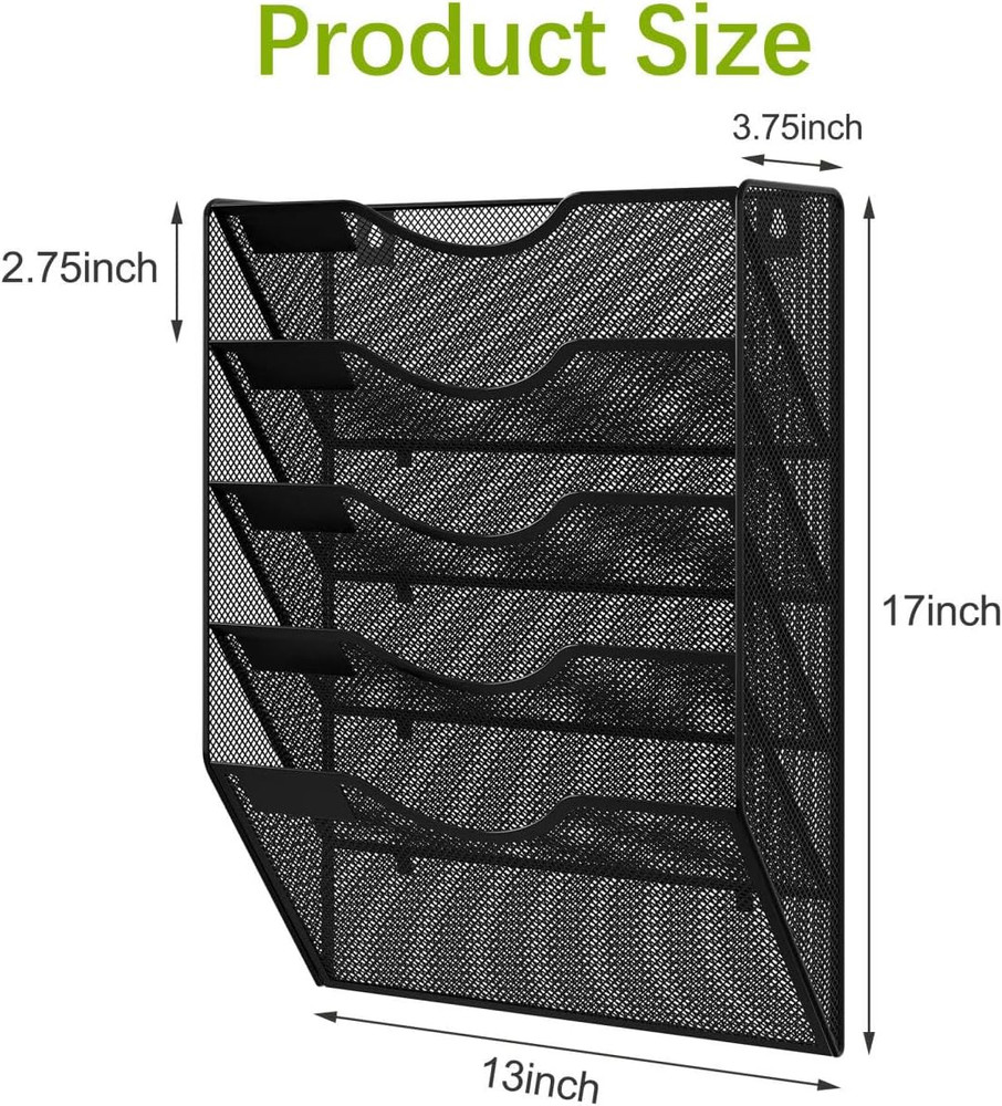 5 Pocket Mesh Wall File Organizer, Hanging Paper Folder Holder with Classify Lab