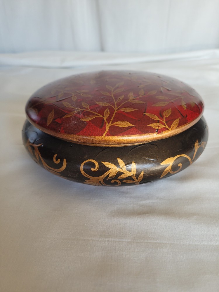 Nice black, red & gold vine & leaf large ceramic trinket jar, candy dish