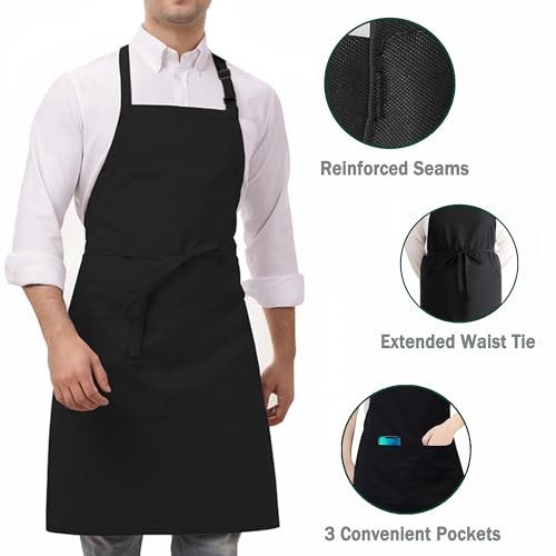 3 Pack White Chef Apron, Adjustable Kitchen Apron with 3 Pocket for Men Black