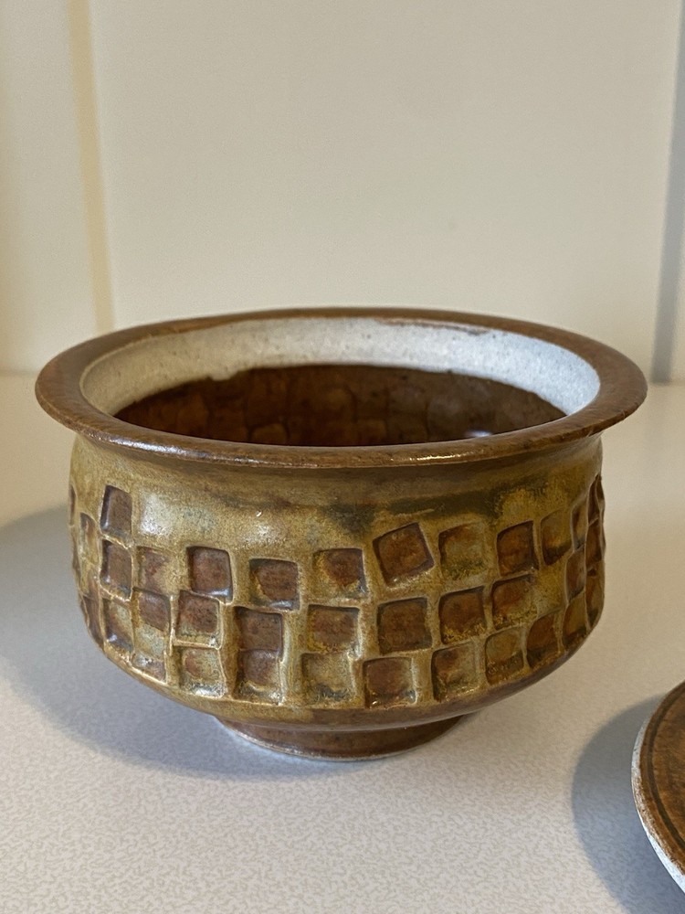 Unique Art Pottery Stoneware Lidded Jar Brown Beige Neutral Rust Square Pattern