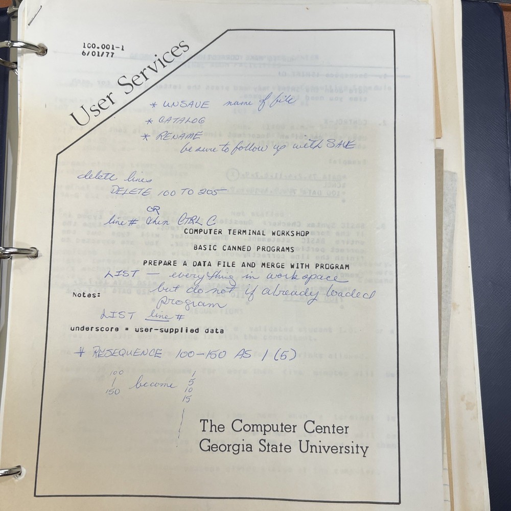 1976 IBM Era Mainframe BASIC Course Binder With Handwritten Notes