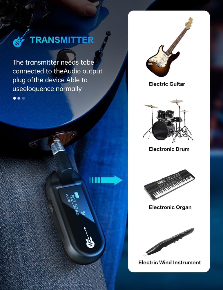 Wireless Guitar System UHF Wireless Guitar Transmitter Receiver Rechargeable ...