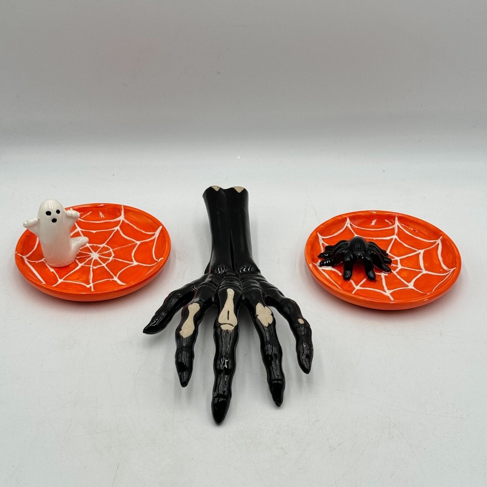 Halloween Ceramic Decorations - Round Candy Dish, Black Hand, Spider, Ghost