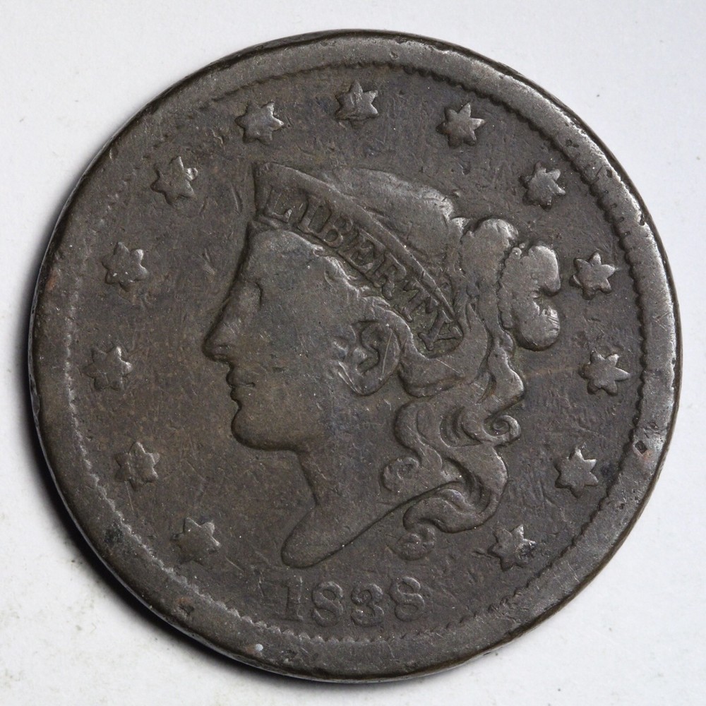 1838 Coronet Head Large Cent CHOICE FINE E218 KCL