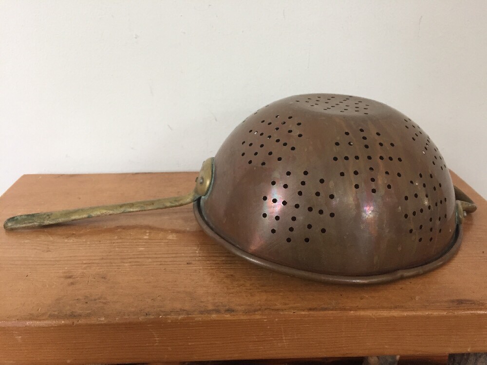 Vintage Antique Solid Copper Water Strainer Colander With Solid Brass Handles