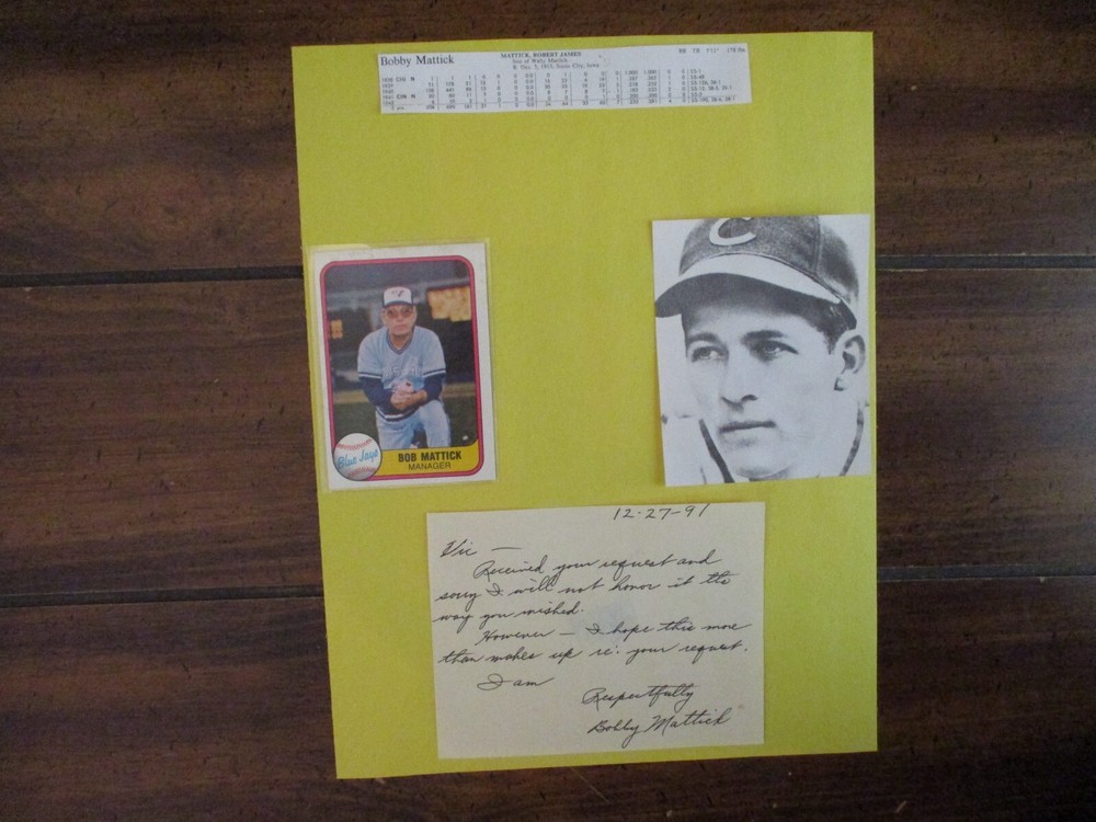 BOBBY  MATTICK(Died-2004)Signed Personal Note w/8 x 11 Display w/1981 Fleer/Obit