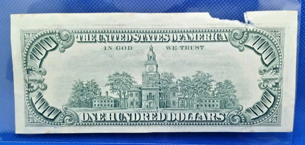 100 dollar bill 1990 Cut off center Error & Excessive ink Error (Piece torn off)