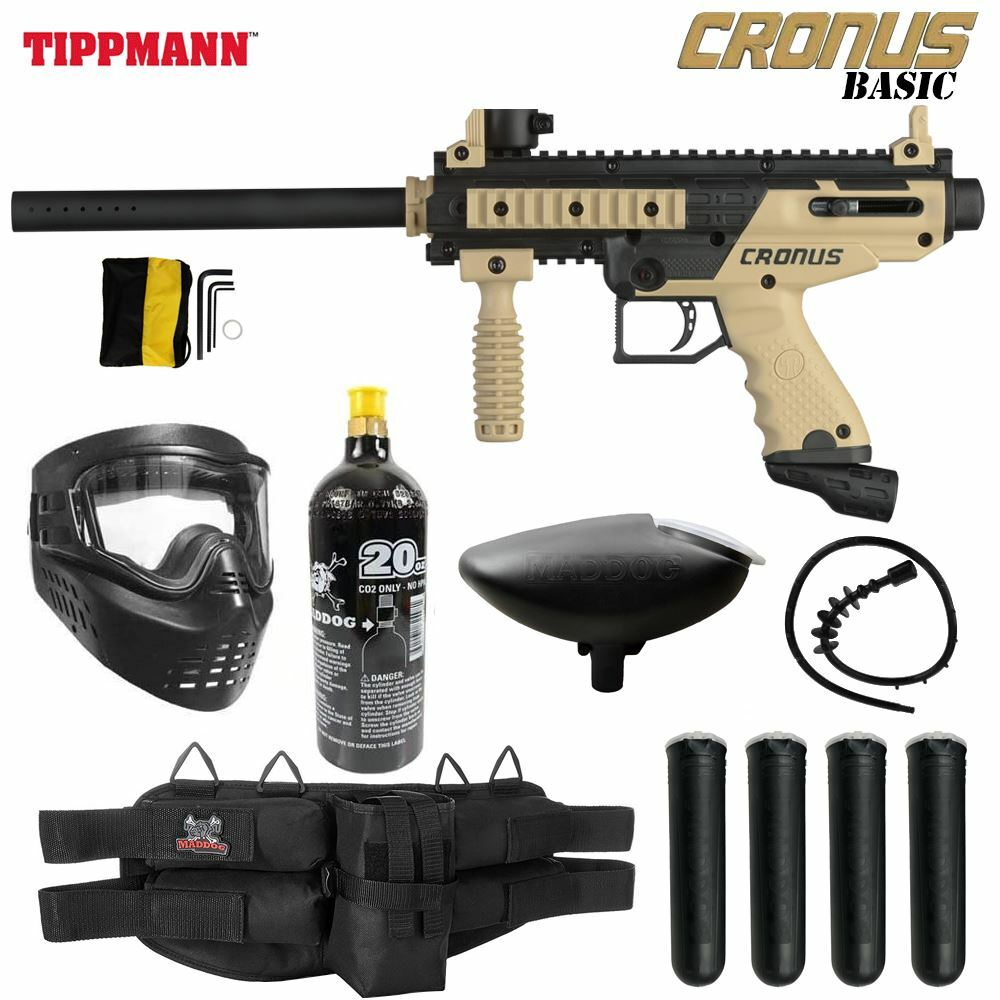Maddog Tippmann Cronus Basic Silver CO2 Paintball Gun Starter Package Black Tan