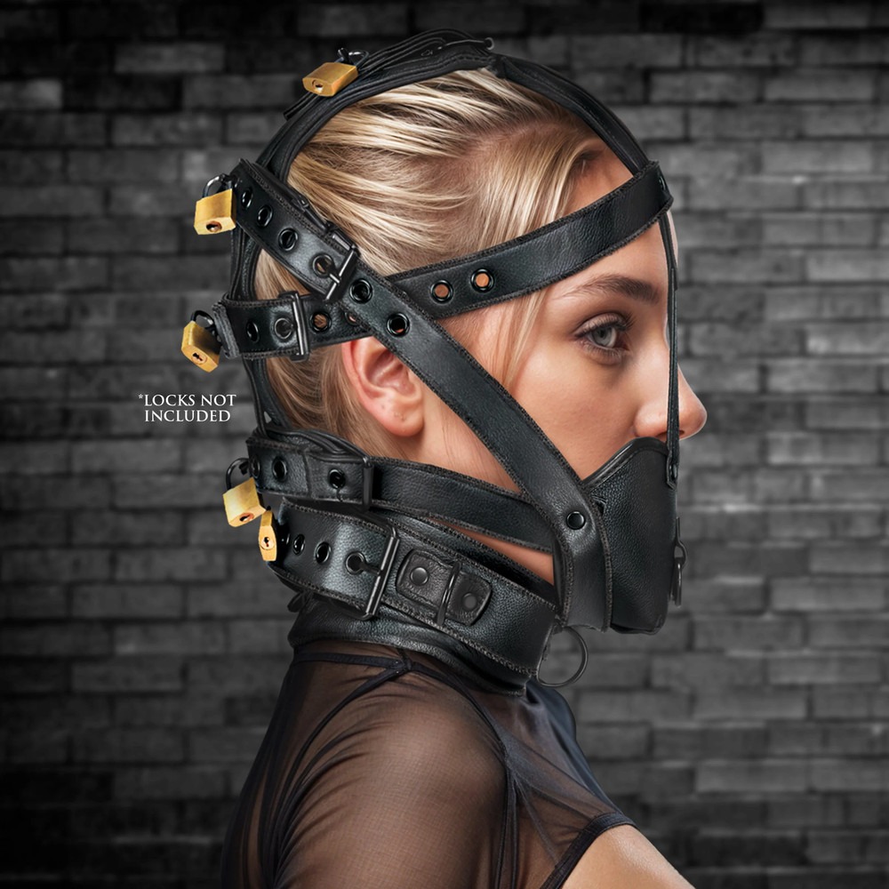 Adjustable Lockable Leather Head Harness with Muzzle BDSM Restraint Fetish Play
