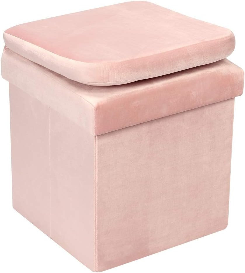 Pink Velvet Folding Storage Ottoman with Seat Back - Space-Saving Organizer