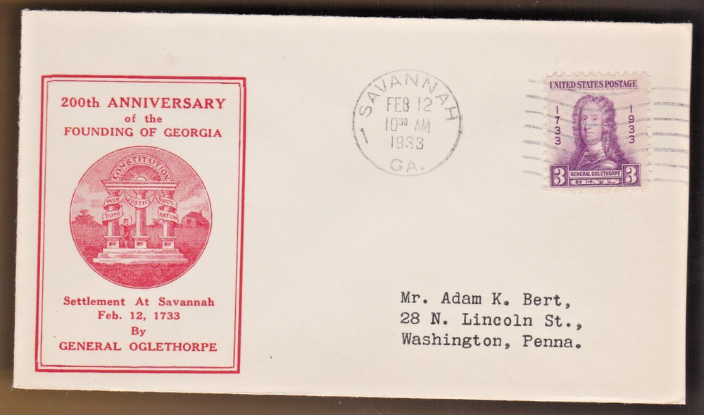 GENERAL OGLETHORPE #726 US FIRST DAY COVER 1933, ADAM BERT FDC SMALL ENVELOPE