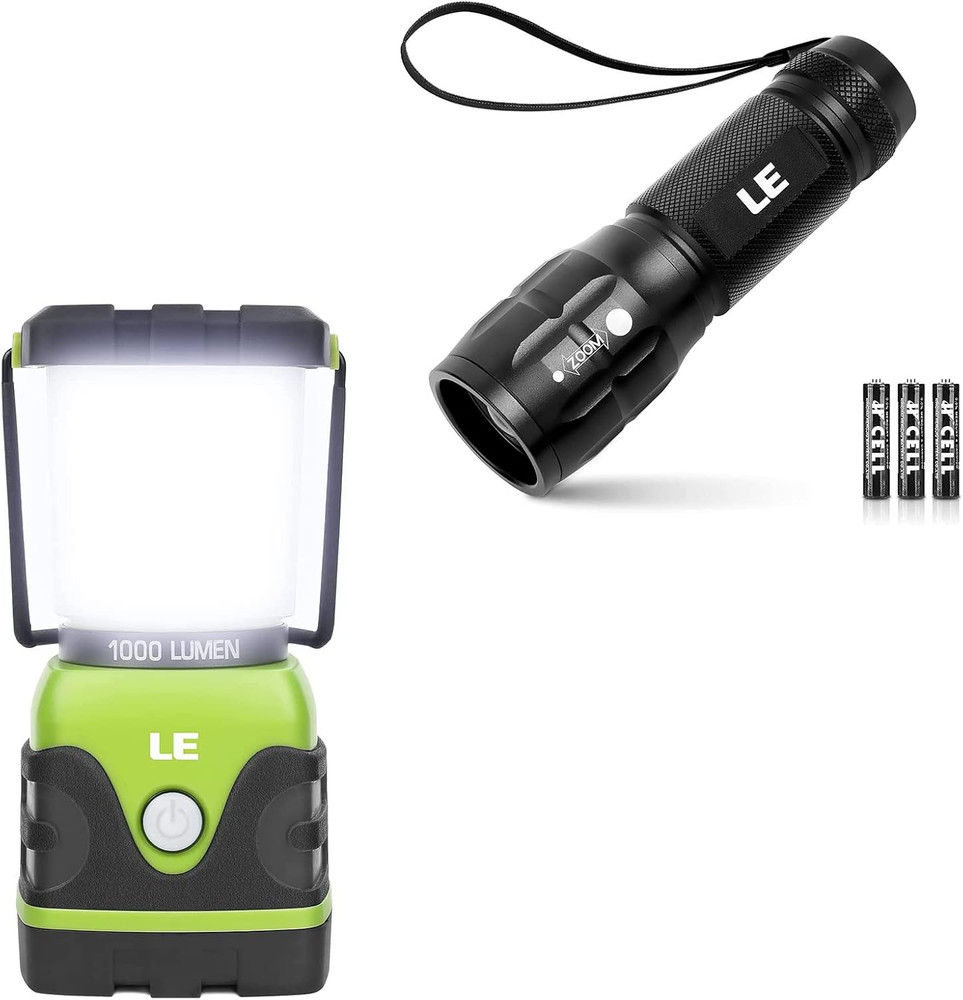 Bundle 2 Items: 1000LM LED Camping Lantern, Battery Powered LED Flashlight LE100