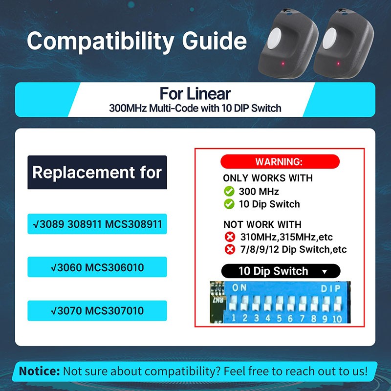 MultiCode 3089 300mhz 10 Code Switch Gate Garage Remote Control For Linear