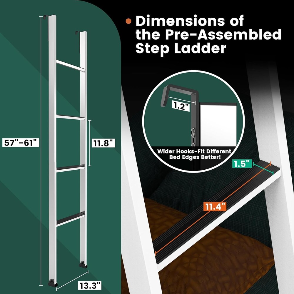 Integrated Step Ladder with 57"-61" Height Range，bunk 1.2" White