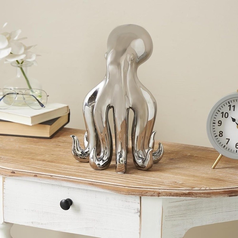 Silver Ceramic Octopus Decorative Statue Coastal Home Accent Unique Sculpture US